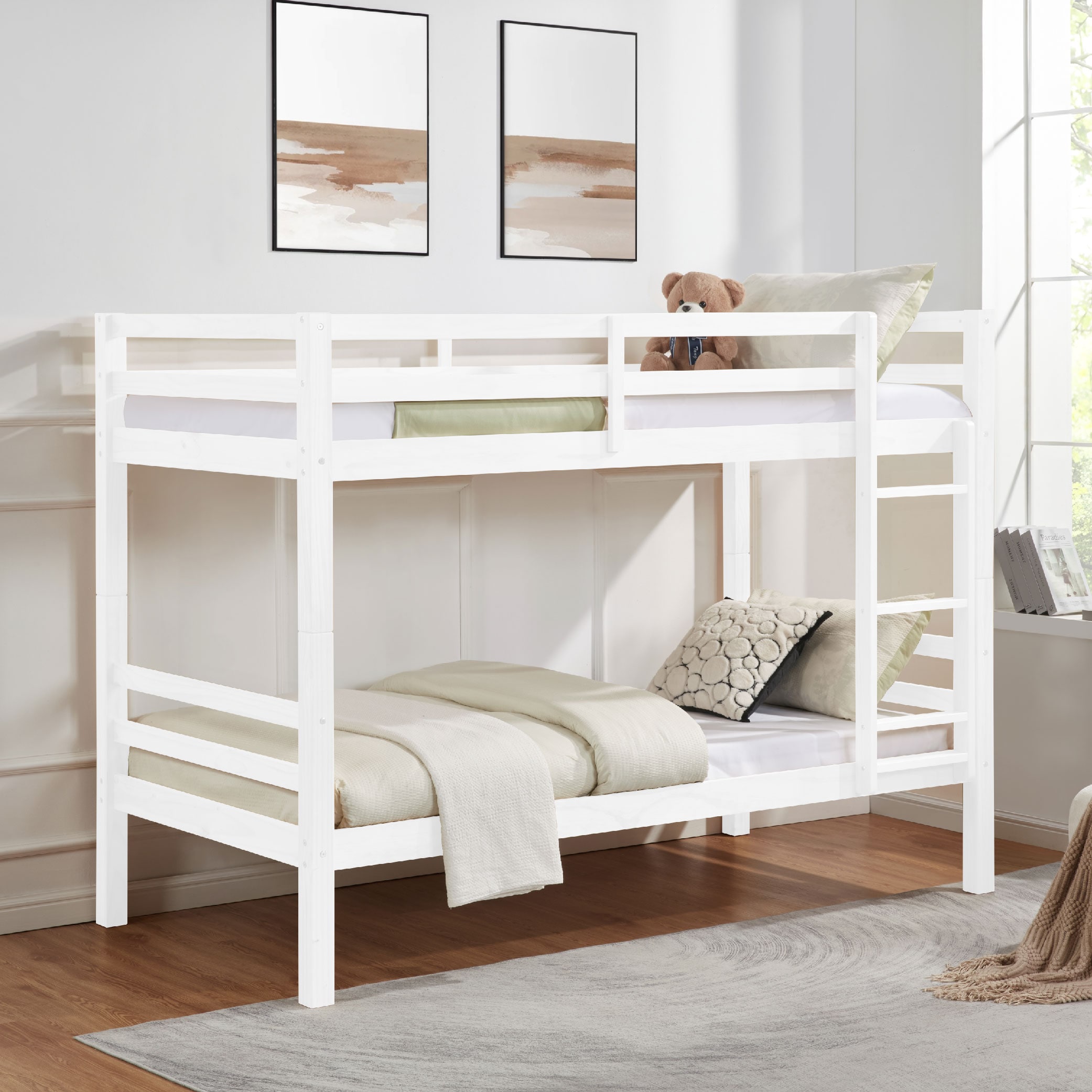 Twin Over Twin Bunk Bed With Thick Posts,Wooden Bunk Bed With High Guardrail And Ladder For Kids, Teens, Dorm Rooms, And Guest Rooms,No Box Spring Needed,White_voghion.com